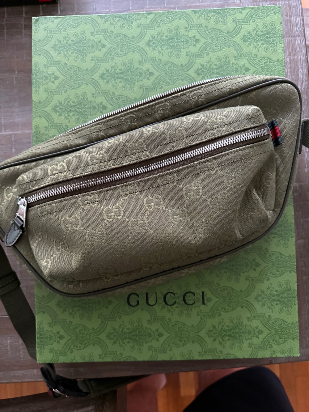 Gucci Green GG Canvas Waist Belt Bag with Signature Web Trim